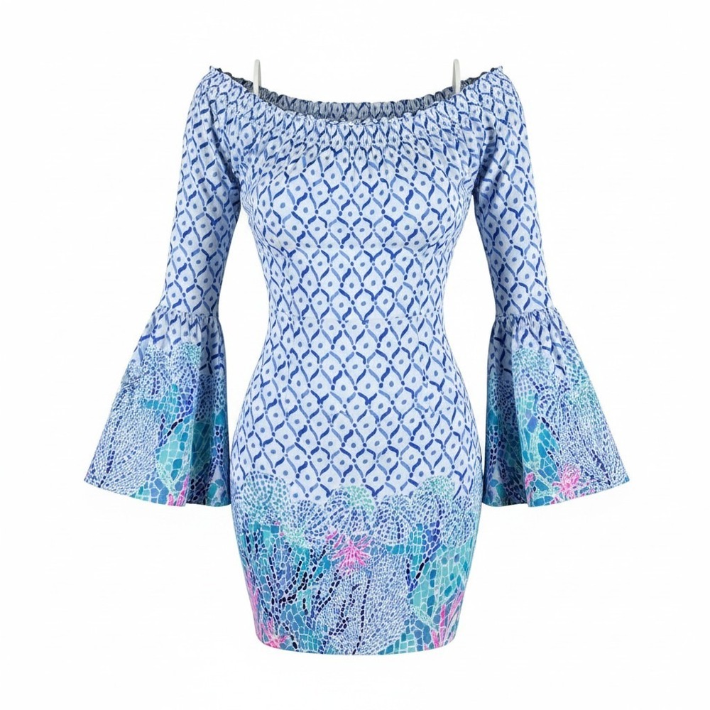 Lilly Pulitzer Womens Off The Shoulder Bell Sleeve Top Blue White Coral Rayon XL